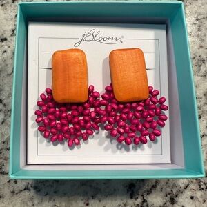 jBloom Pink Beaded Statement Earrings | Orange Wood Geometric Boho Earrings